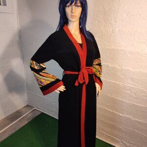 Vintage Impression! Black Red Geometric Pattern Flare Sleeve w/ Belt Size M